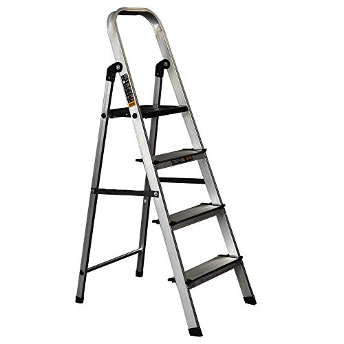 Image of Broad Step Broad Platform Foldable Aluminium Ladder for Home Use (Silver-Black) by Paras Corporation (4 Step)