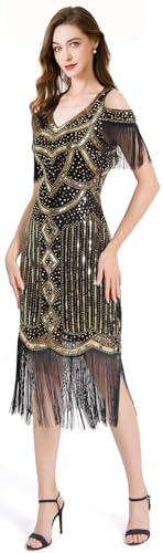 Image of Women Flapper Dresses 1920s V Neck Beaded Fringed Great Gatsby Club & Night Out Dresses
