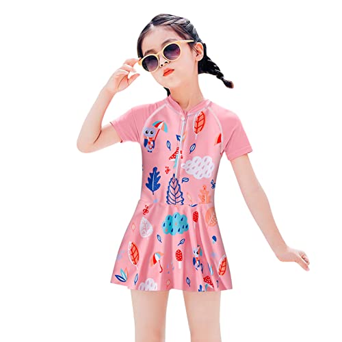 Girls One Piece Swim Dress Rash Guard Short Sleeve Zip Front Swimwear Cute Cartoon Print Sun Protection Swimsuit2