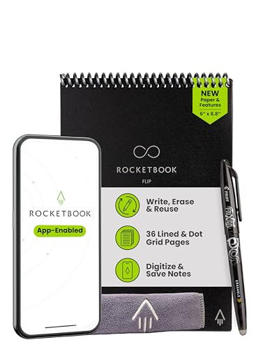 Rocketbook Flip Reusable Smart Notepad, Top Bound Spiral Notebook Lined and Dotted Pages Executive Size 6x8.8, Premium, Black (Pack of 1)