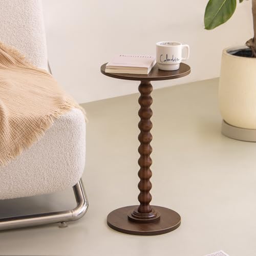 Image of Fultyle Small Round Side Table, Walnut End Table for Small Spaces, Modern Drink Table Accent Table with Solid Wood Leg for Living Room, Bedroom, Corners, and Office (Walnut Brown)