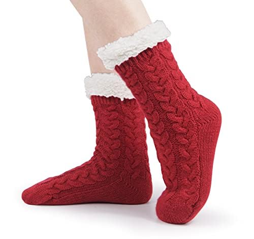 BenSorts Kids Thick Warm Slipper Socks 2 Pairs Purple Stripe Deer with 1 Pair Red Christmas Slipper Socks4