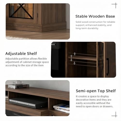 Image of BREEZEHEAT Fireplace TV Stand for TVs up to 75 inch, 3-Sided Electric Entertainment Center with 30 inch LED Fireplace, Media Console w /Storage Cabinet & Glass Doors, 65Inch, Walnut