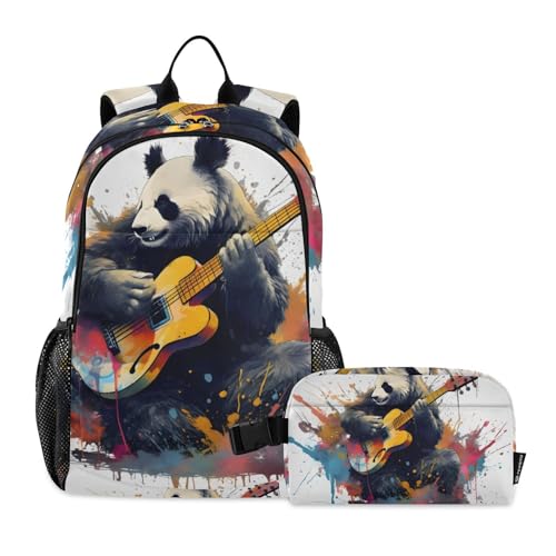 Panda Guitar Backpack Lunch Bag Set for Travel Hiking Picnic, Backpacks with Insulated Lunch Box