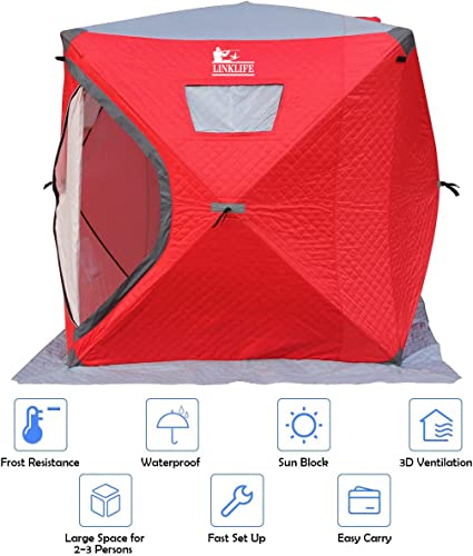 2-3 People Ice Fishing Shelter - Linklife Outdoor Pop Up Ice Fishing Tent With 4 Detachable Ventilation Windows, 3-Layer Fabric, Coldproof Snowproof Windproof Waterproof Oxford Fabric (Red) #TOP3