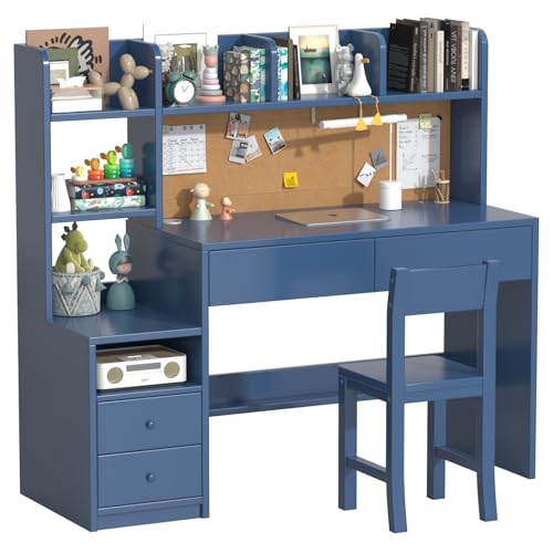 RUPOLX Blue Kids Desk and Chair Set, Kids Study Desk with 4 Drawers & 4 Open Shelves for Easy Access Storage, Kids Study Table and Chair Set with Storage Shelf-gUtVsD