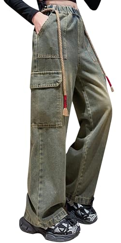Happy Cherry Calças jeans para meninas, cintura elástica, pernas largas, calças largas com cordão, Y