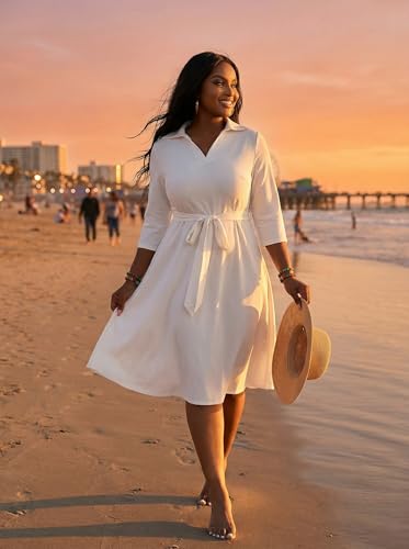 Image of FANDEE Plus Size Midi Dress for Women - Printing Summer Dresses for Wedding Guest Cocktail Party 3 /4 Sleeve V Neck(L-5XL)