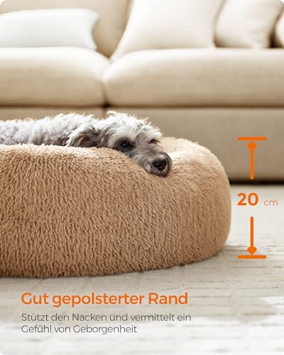 Feandrea Hundebett flauschig, Katzenbett, Donut Kissen, waschbar, Polsterung in der Mitte herausnehmbar, Langer Plüsch, 70 cm Durchmesser, Kamelbraun PGW039K01