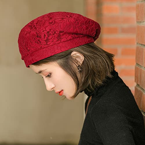 Women’s Chic Lace Beret French Dress Beret Vintage Summer Fascinator Hats For Ladys (Wine Red) #TOP2
