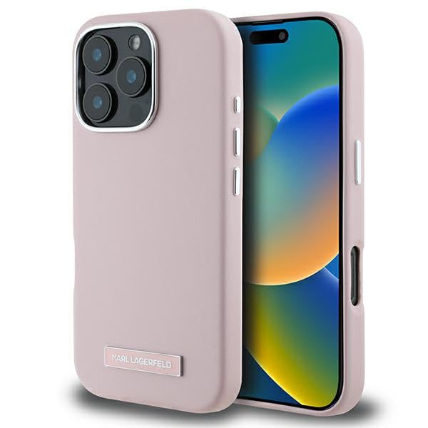 Coque iPhone 16 Pro Karl Lagerfeld chic en métal rose