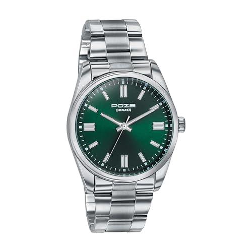 Image of Sonata Poze 6 Chrome Calling Quartz Green Round Dial Men's Watch | SS Cut Edge Strap Material | Watches for Men Analog - SP70033SM06