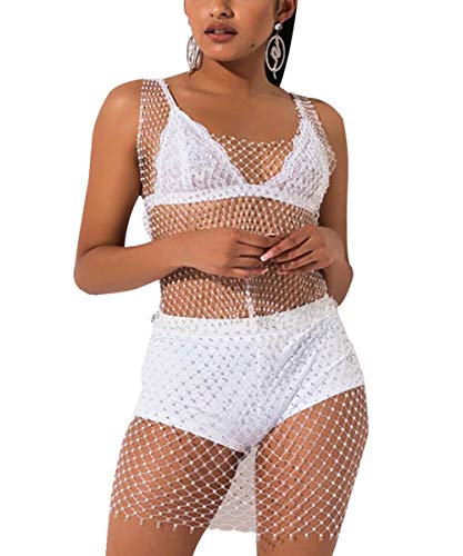 Women Mesh See Through Rhinestone Fishnet Mini Skirts Beach Wrap Bikini Cover Up for Swimwea Clubwear(White)
