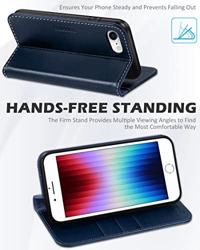 Shieldon Wallet Case For Iphone Se 2022 4.7", Genuine Leather Iphone Se 2020 Folio Case Kickstand Credit Card Holder Magnetic Protection Case Compatible With Iphone 8/7 - Retro Dark Blue #TOP4