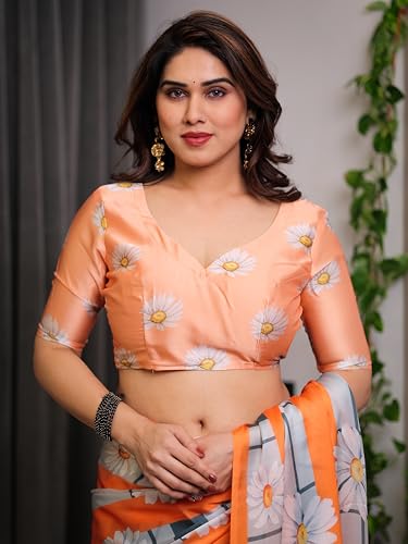 Image of ALMAARI FASHION Satin Georgette Floral Printed Saree with Blouse, 5.5 Meter Saree with 0.8 Meter Blouse, Traditional (SG 103 SH)