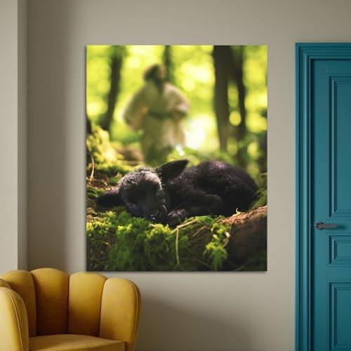 Image of Jesus and Lamb Canvas Wall Art Jesus Runs for the Lost Sheep In Summer Forest Picture Wall Art Canvas Print Christian Home Decor 12x16 inch