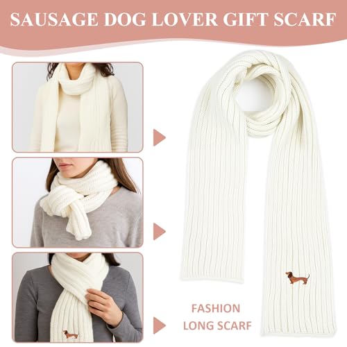 Geyoga Damen Mütze Schal Handschuhe Set Dackel Geschenke Hundeliebhaber Geschenke für Damen Handschuhe Warmer Langer Schal Weiche Strick Dackel Mütze Dachshund Geschenke für Kaltes Wetter(Weiß)
