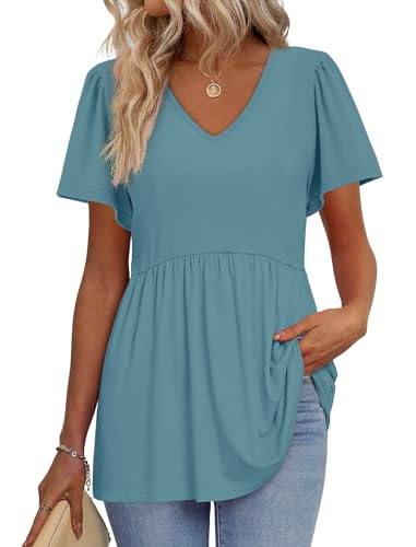 Image of OFEEFAN Womens Summer Tops Babydoll Short Sleeve Shirts Puff Sleeve Peplum Tops V Neck T Shirts