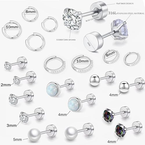 Hypoallergenic Flat Back Earring Sets for Multiple Piercing Sterling Silver Small Huggie Hoop Earrings for Women Surgical Stainless Steel FlatBack Silver Stud Earrings Trendy Cartilage Earring Stacks - Image 8