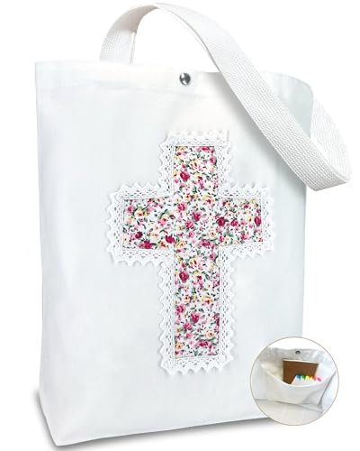 Image of Christian Tote Bag Gift for Women, Canvas Bible Bag Handmade Floral Cross | Christian faith-inspired gift, handcrafted cross with lace, inner pocket, snap closure, bottom gusset, church Bible study use