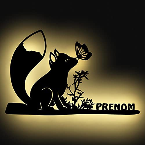 Lampe Led Murale En Bois Gravé - Veilleuse Déco Renard Avec Prénom Personnalisé Pour Garçons Et Filles - Idée De Cadeau Pour Anniversaires, Baptêmes, Naissance - Couleur Au Choix