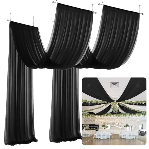 ROMANKAS Tende da soffitto in chiffon nero, 6 pannelli, 15 x 10 m, extra lunghe, per arco di matrimonio, in chiffon, per soffitto, in tulle, sfondo, tende, decorazioni per tende da doccia da sposa