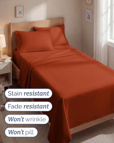 Image of Twin 4 Piece Bed Sheet Set - Soft, Breathable & Cooling Sheets - Terracotta | Ultra Soft Hotel Luxury Bedding Set with 8-16 Inch Deep Pockets, 1 Flat & 1 Fitted Sheet & 2 Pillowcases, Wrinkle & Fade Free