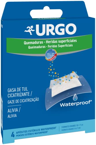 Urgo - Quemaduras y heridas superficiales Waterproof - Apósitos estériles Impermeables - Formato grande 4 apósitos de 10 x 7 cm