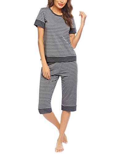 Hotouch Womens Cotton Pajamas Set Capri Short Sleeve Sleepwear Loungewear Stripe M