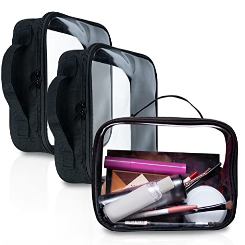 Clear Makeup Bags with Zipper 3pcs in Black, 6.5 x 8.3 inches - Quart Size, TSA Approved Toiletry Bag - Waterproof & Leak-Resistant PVC Clear Travel Bags – Perfect for Women, Men & Kids