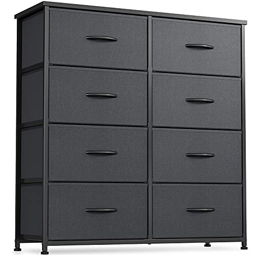 Cubicubi Dresser For Bedroom, 8 Drawer Storage Organizer Tall Wide Dresser For Bedroom Hallway, Sturdy Steel Frame Wood Top, Black Grey #TOP9