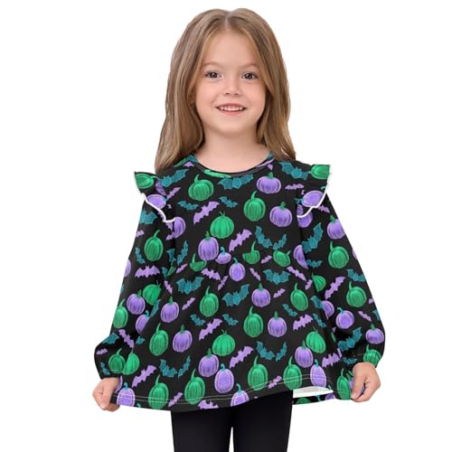 Fluorescent Pumpkin Bat Girls Shirts Cotton Long Sleeve Ruffle Toddler Tee Tops3
