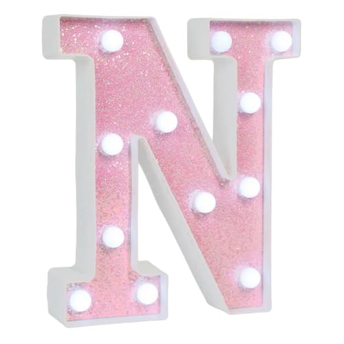 Image of Pink Glitter Marquee Light Up Letters, Battery Operated LED Letter Lights Signs for Pink Birthday Party Table Decorations, Wall Decor for Girls Bedroom, Initial Letter N with Cool White Lights