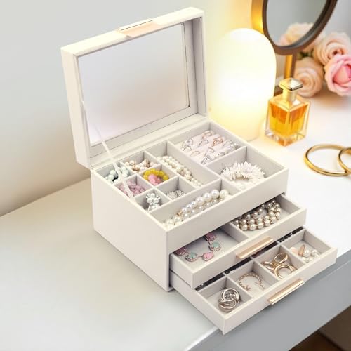 Image of BucketList Luxury PU Leather Jewellery Organizer Box with Glass Top | Multi-Drawer Jewelry Storage Case with Ring Slots & Compartments | Elegant Lockable (2 Drawers Jewellery Box (White))