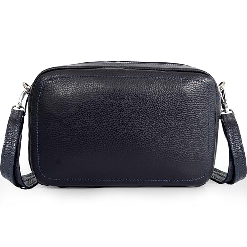 1990s Bolso de bandolera mujer pequeño de piel dos compartimentos cuero auténtico asa ajustable bolso mensajero minimalista,para trabajo o uso diario (Azul marino)