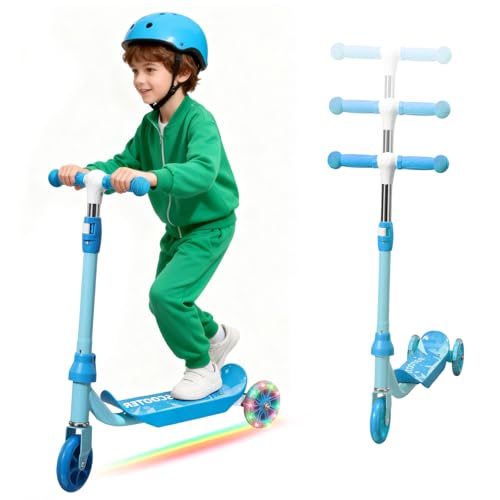 Patinete para niños – Patinete de 3 ruedas con luz LED para niños de 3 a 5 años, altura ajustable del manillar, cubierta larga antideslizante, patinete de metal resistente para niños y niñas de 3 a 5