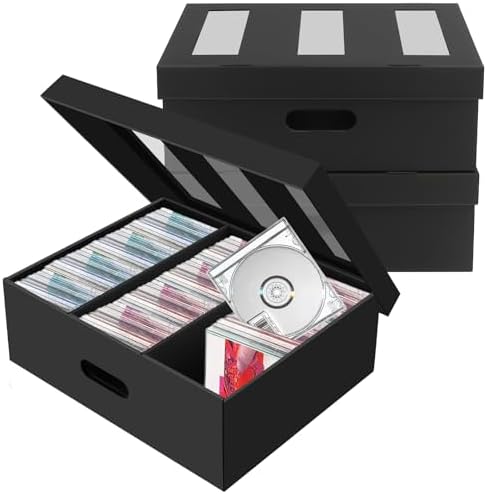 AOPULE 3 Pack CD Storage Boxes with 3 Compartment, CD Case Storage Cardboard DVD Case Holder with PVC Clear Lid, Each Holds 90 CDs in Full Jewel Cases,180 CDs in Slim Cases, 495 Discs in Sleeves