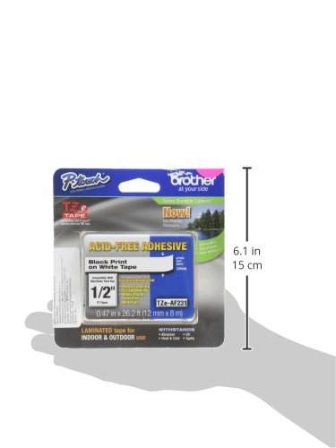 Image of Brother Genuine P-touch TZE-AF231 Tape,1 /2 inch (0.47 inch) Wide Acid-Free Adhesive Laminated Tape, Black on White, Safe for Photo-Labeling or Scrapbooking, Water-Resistant,0.47 inch x 26.2' (12mm x 8M), TZEAF231