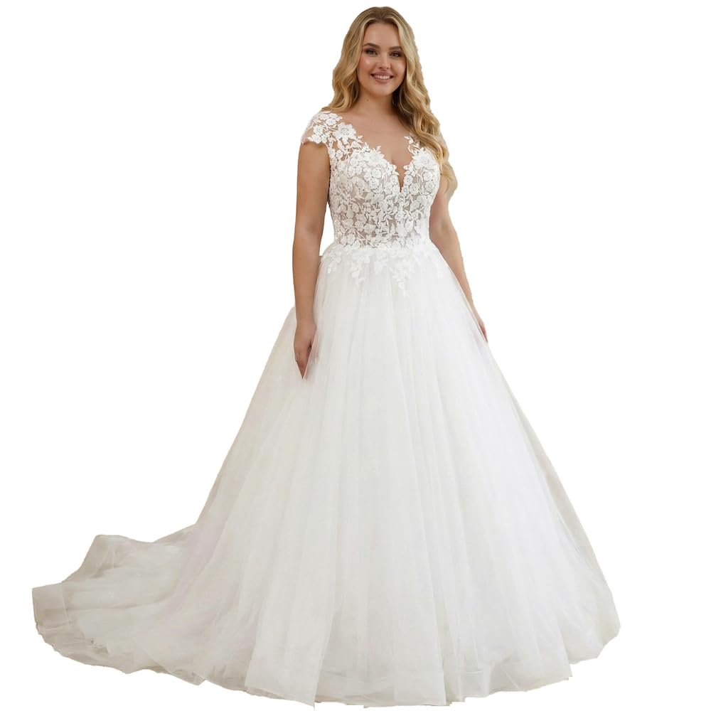 Glitter Tulle Dentelle Ligne A Robe de mariée Col V Illusion Grande Taille Lacé Corset Femmes Robe de Mariage AL-VN1042