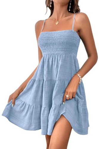 Image of HVEPUO Women Spaghetti Strap Sleeveless Smock Cami Mini Dress Summer Vacation Flowy Boho A Line Swing Short Dresses for Women
