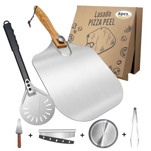 Pizza Peel and Pan Set 6 Piece Pizza Oven Accessories 12 Inch Metal Pizza Paddle with Foldable Wooden Handle 8 Inch Metal Peel Rocker Cutter Server Stainless Steel Plates and Tongs