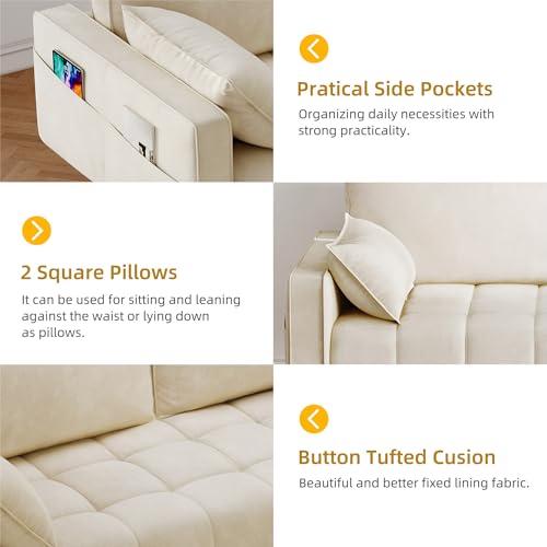 DWVO 67" Loveseat Sofa, Velvet Fabric Sofa Couch for Small Space, Modern Loveseat with Button Tufted Seat and Side Storage Pockect, 3 Seater Couch for Living Room Bedroom, 2 Pillows Included, Beige