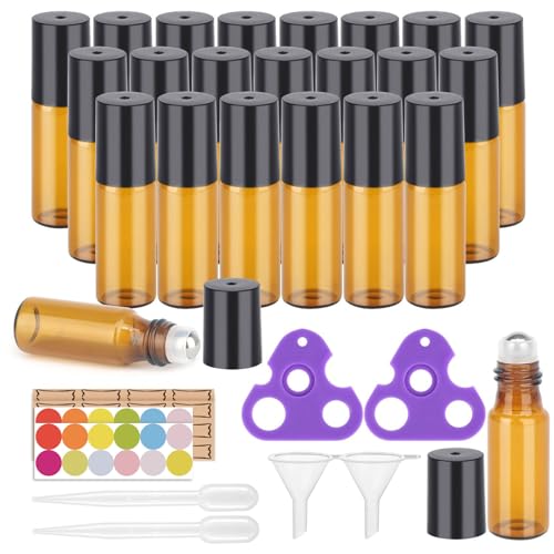 Easytle Essential Oil Roller Bottles, 24 Pack Amber Glass Balls Roller Bottles 5ml for Essential Oils, Roll on Bottle (96 Pieces Labels, 4 Funnels, 4 Dropper, 2 Opener)