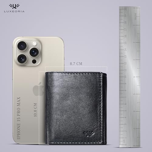 LUXEORIA Leather Wallet for Men, Handcrafted Genuine Leather Travel Wallet, Minimalist Mens Slim Trifold Wallet, Anti-Theft RFID Blocking Wallet for Men's, Tri-fold - Black2
