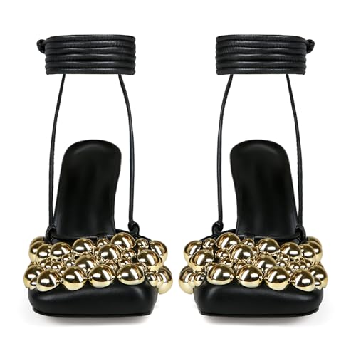Image of Saint Leia Women's 4IN High Heel Sandals Nude Stiletto Pumps with Gold Silver Pearls Heels for Weddings Parties and Evening Wear