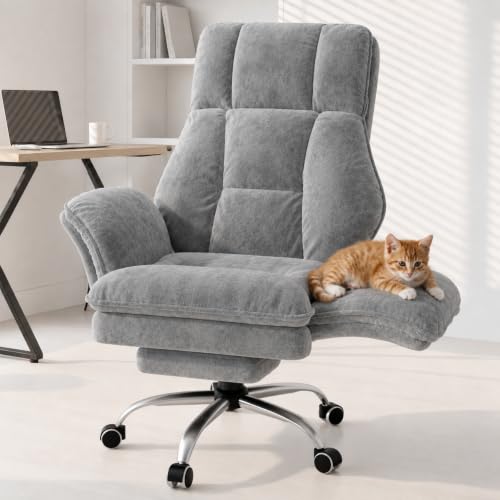 Big and Tall Office Chair, Executive Ergonomic Computer Gaming Chair with Foot Rest, Flip Armrests for Pets & Extra Space, Premium Tech Fabric Wide Seat Reclining Desk Chair, Grey
