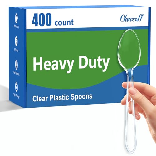 Clawsoff 400 Count Clear Plastic Spoons Disposable Plastic Cutlery Utensils Set BPA-Free Solid and Durable Silverware Heavy Duty Bulk Premium Spoons plastic disposable for Party Catering Events