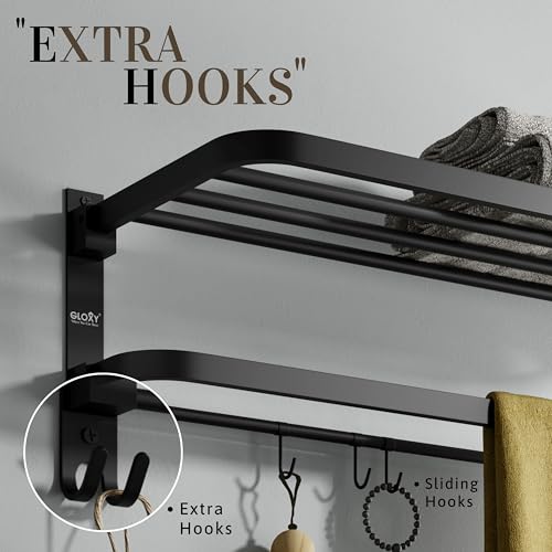 Image of Gloxy Premium Foldable Towel Holder in Bathroom with Towel Rod & Hooks - Stainless Steel Black Matte Finish Bathroom Towel Hanger for Wall Mount Installation - Towel Rack in Bathroom Accessories Set
