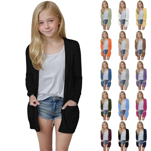 Girls Cardigan Lightweight Long Sleeve Open Front Knit Sweater Solid Fall Cute Soft Outerwear Coat with Pockets