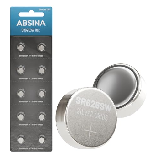 Absina 10X Batteria Sr626Sw Orologio 1,55V Ossido D'Argento - Batteria Orologio Sr626Sw A Tenuta Stagna E Lunga Durata - Pile Sr626Sw, Batteria 377 Or